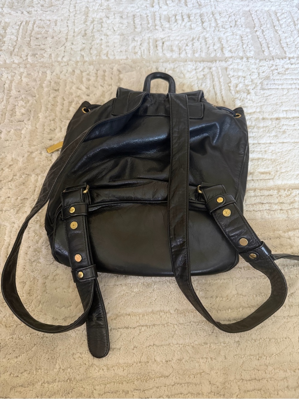 DKNY Black Leather Drawstring Backpack with Front Pockets - Picture 2 of 6